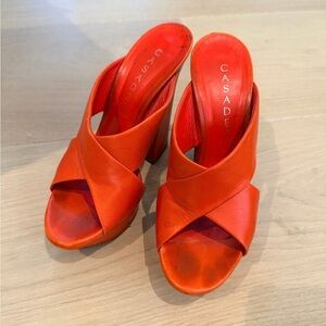 Casadei Bright Orange Leather Crisscross Block Heel Mules